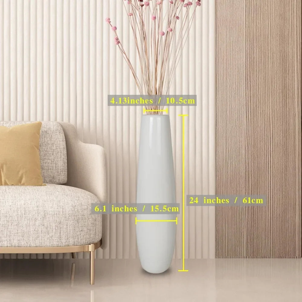 Large Decorative White Ceramic Floor Vase 24 Inches Tall for Flower Arrangements, Table Centerpieces, and Home Living Room Decor