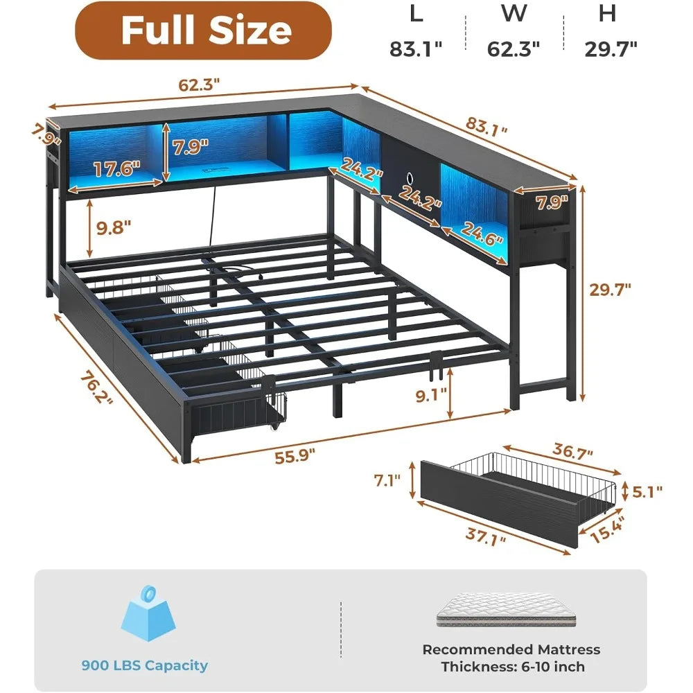 DICTAC Full Corner Bed Frame with Bookcase Storage and Led Lights Metal Platform Bed Frame Full Size with Storage Drawers & Char