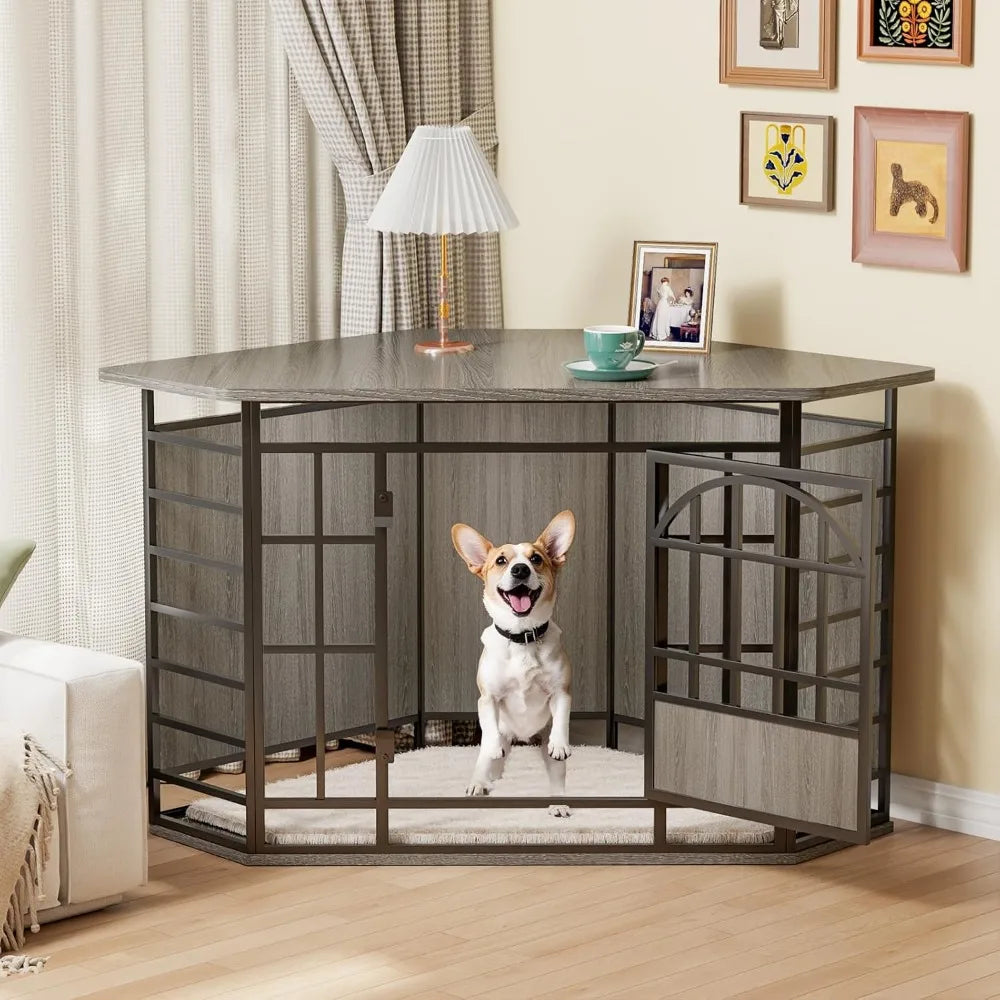 corner dog crate furniture, 52 inch large dog kennel indoor wooden end table, modern dog cage decorative pet house tv stand for