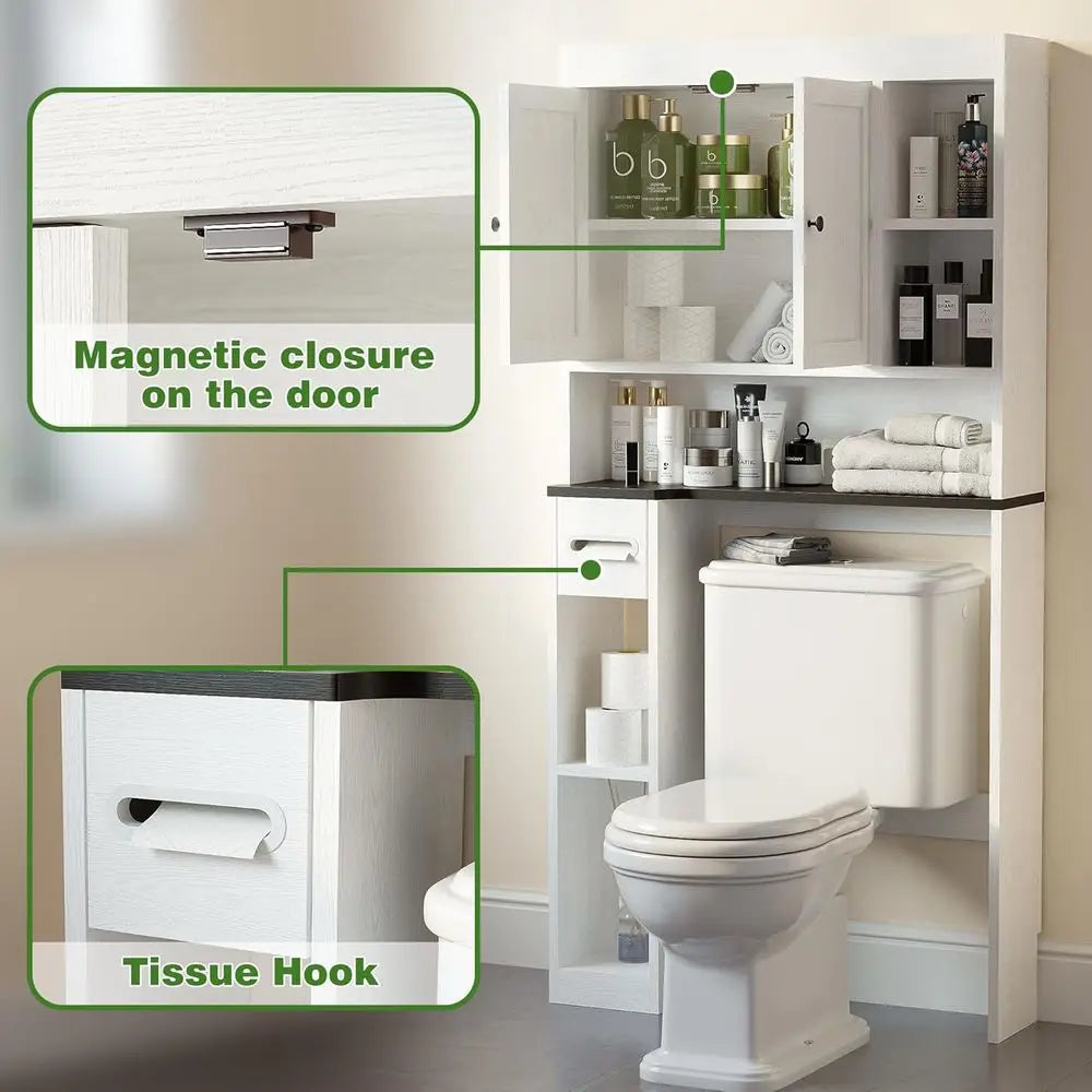 7-Tier Walnut-Style Over-the-Toilet Storage, White Bathroom Organizer with Toilet Paper Stand, Space-Saving for Restroom & Laund
