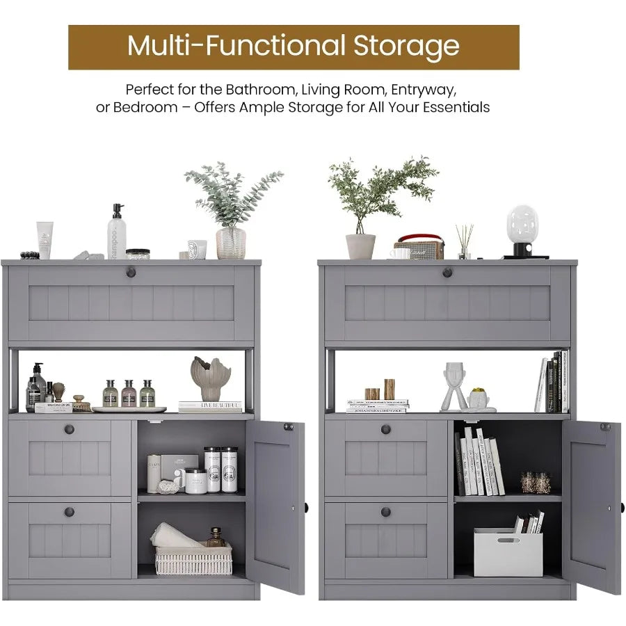 Modern freestanding bathroom cabinet with 1 door and 3 drawers for floor storage ideal for organizing kitchen or living room es