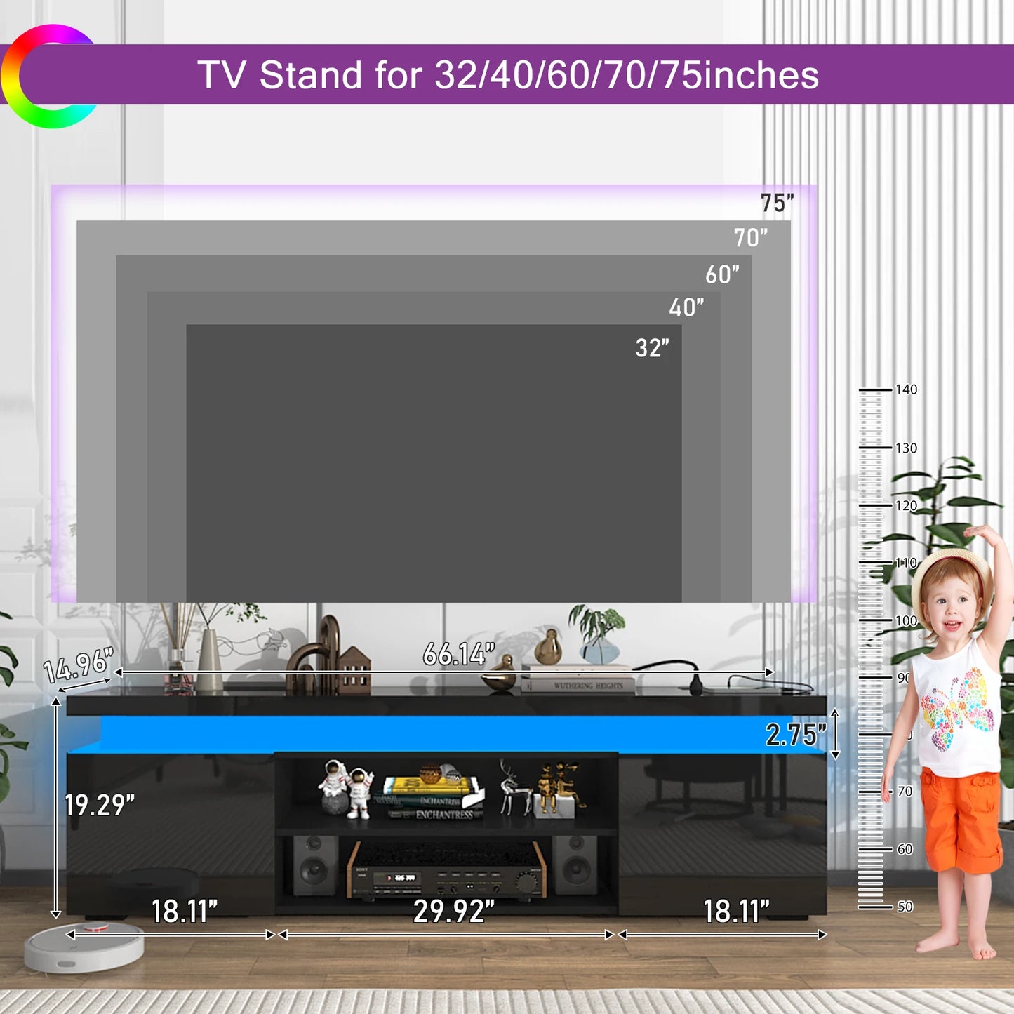 66 Inch LED TV Stand for 70/75 Inch TV, Modern Gaming TV Cabinet with Power Outlet, High Gloss Entertainment Center with Storage