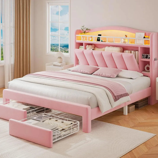 LED-Illuminated Bed Frame with Storage, Headboard & Two Drawers, Velvet Princess Bed with Vertical Tufting