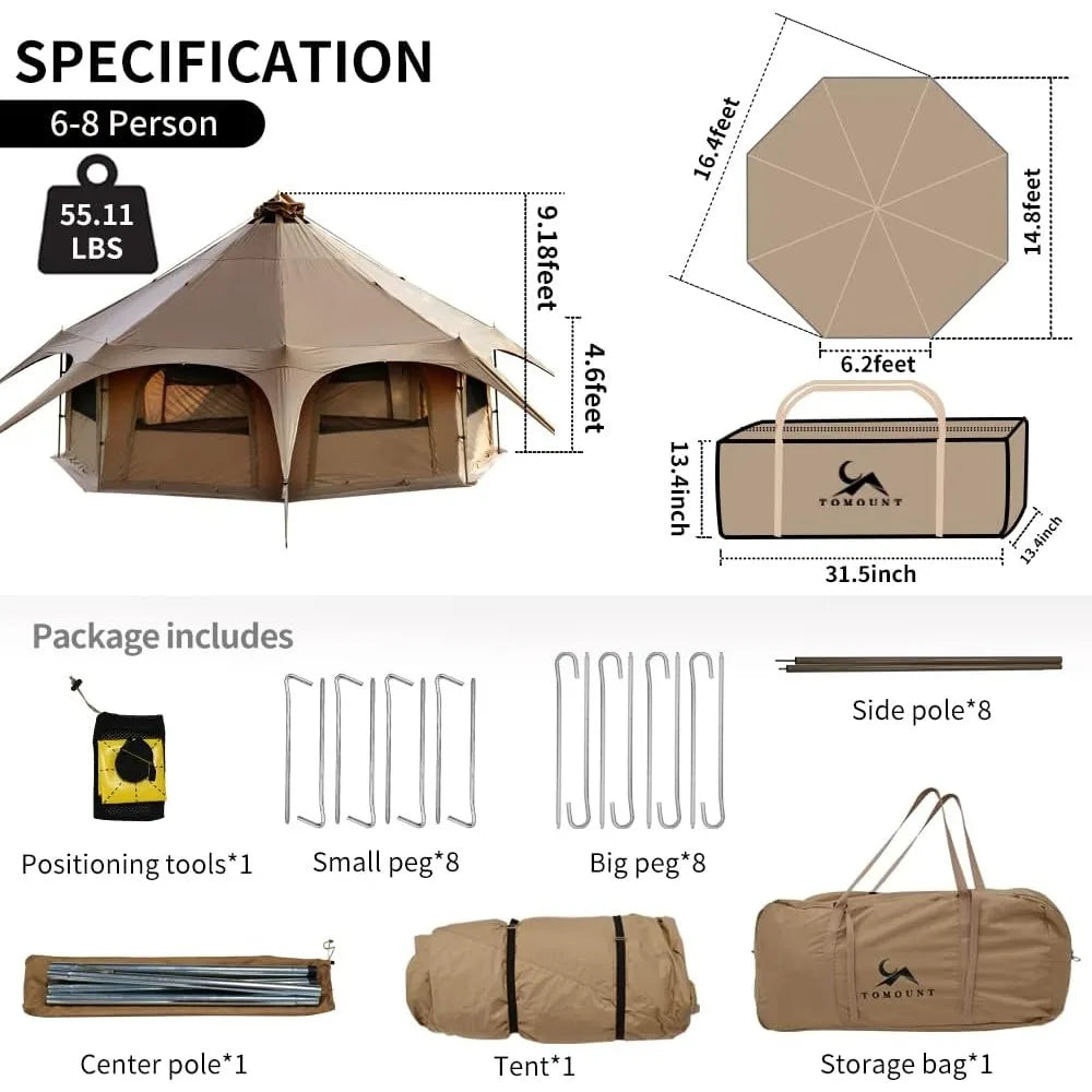 Family Glamping Bell Tent 16.4ft High with 9.2ft Diameter, Removable Floor and Stove Jack for Outdoor Camping