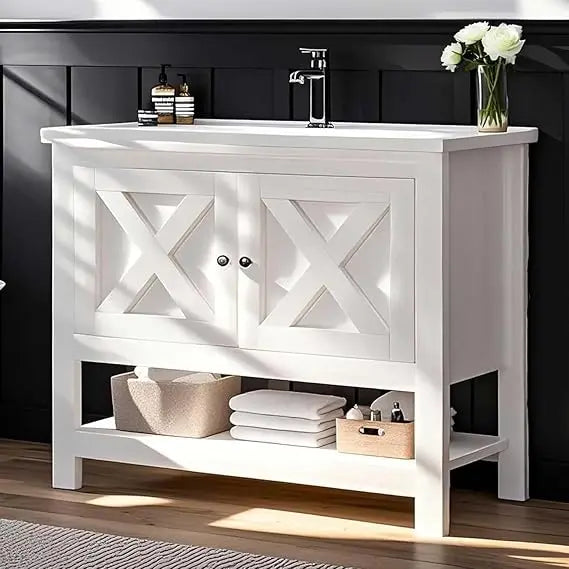 "35" modern farmhouse vanity with sink, freestanding cabinet, 2 doors & open shelf for bathroom