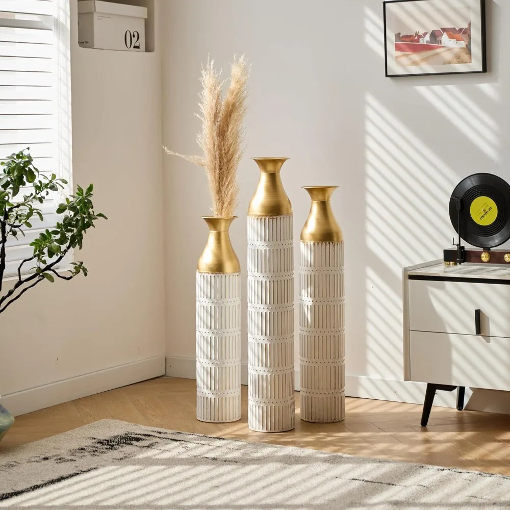 Gold Metal Vase Set of 3, Metallic Centerpiece Decorative Vases with Twigs Dried Flowers for Home Living Room32" H, 28" H, 24" H