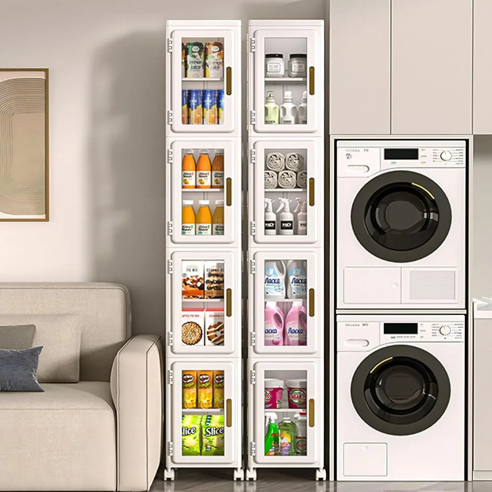 4-Tier Slim Storage Cabinet with Lockable Wheels, Adjustable Shelves for Bathroom, Kitchen, Living Room, Easy Assembly