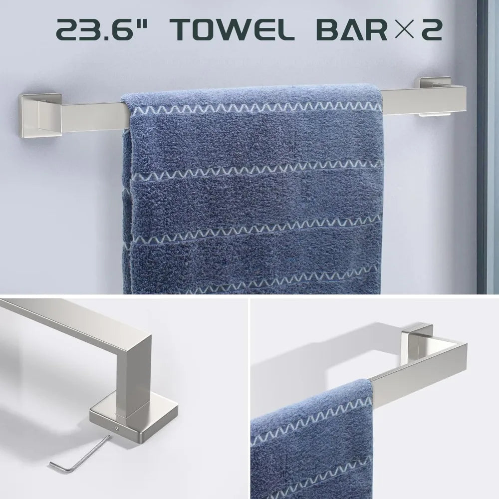 Stainless Steel 7-Piece Bathroom Hardware Set with Brushed Nickel Towel Bar and Rack, 23-Inch Towel Bars for Modern Bath Decor