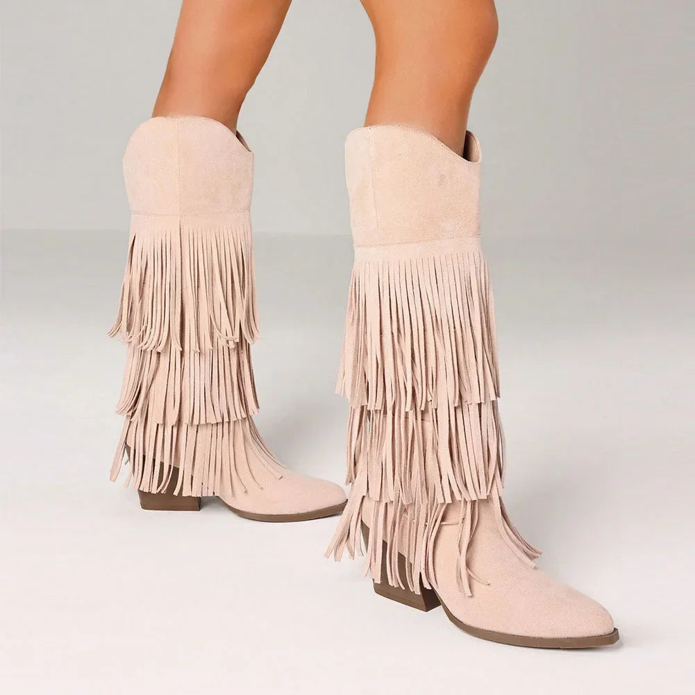 Women's Retro Fringe Knee High Cowboy Boots Fashion Pointed Toe Block Chunky High Heels Pull On Vintage Western Cowgirl Boots