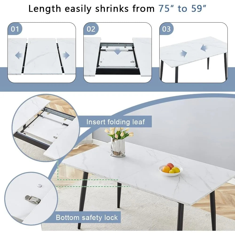 7-Piece Extendable Dining Table Set with 6 Upholstered Chairs, White Kitchen Table and Chairs