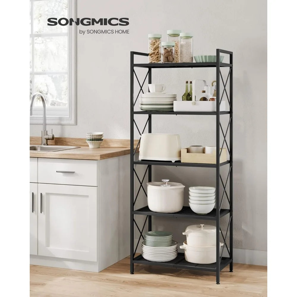 5-Tier Metal Storage Rack with X Side Frames, Dense Mesh Shelves, Adjustable Feet for Entryway Kitchen Living Room Bathroom