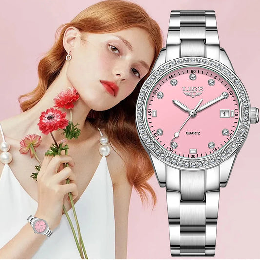 LIGE Top Brand Luxury Quartz Watches for Woman Retro Fashion Simple Elegant Calendar Casual Waterproof Diamond Women Wristwatch