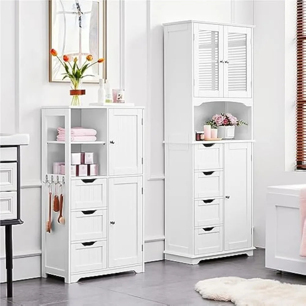 Bathroom Floor Cabinet 42″, Freestanding Storage Cabinet with 3 Drawers, 2 Open Shelves and 2 Doors, Wooden Storage Organizer w