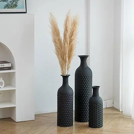 Large Black Tall Vases - Set of 3 Modern Metal Floor Standing Vase with Honeycomb Texture for Living Room Decor