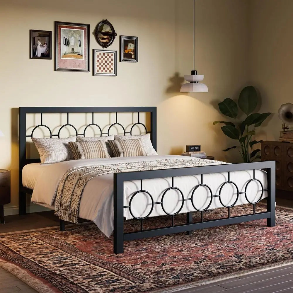 Vintage-Style Queen Metal Bed Frame with Circular Headboard and Footboard, No Box Spring Needed, Easy Assembly, Black