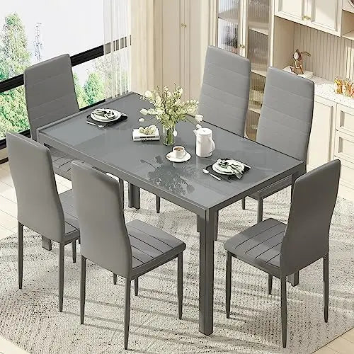7-Piece Dining Set for 6, Glass Table & PU Leather Chairs, Modern Small Space Dining Set