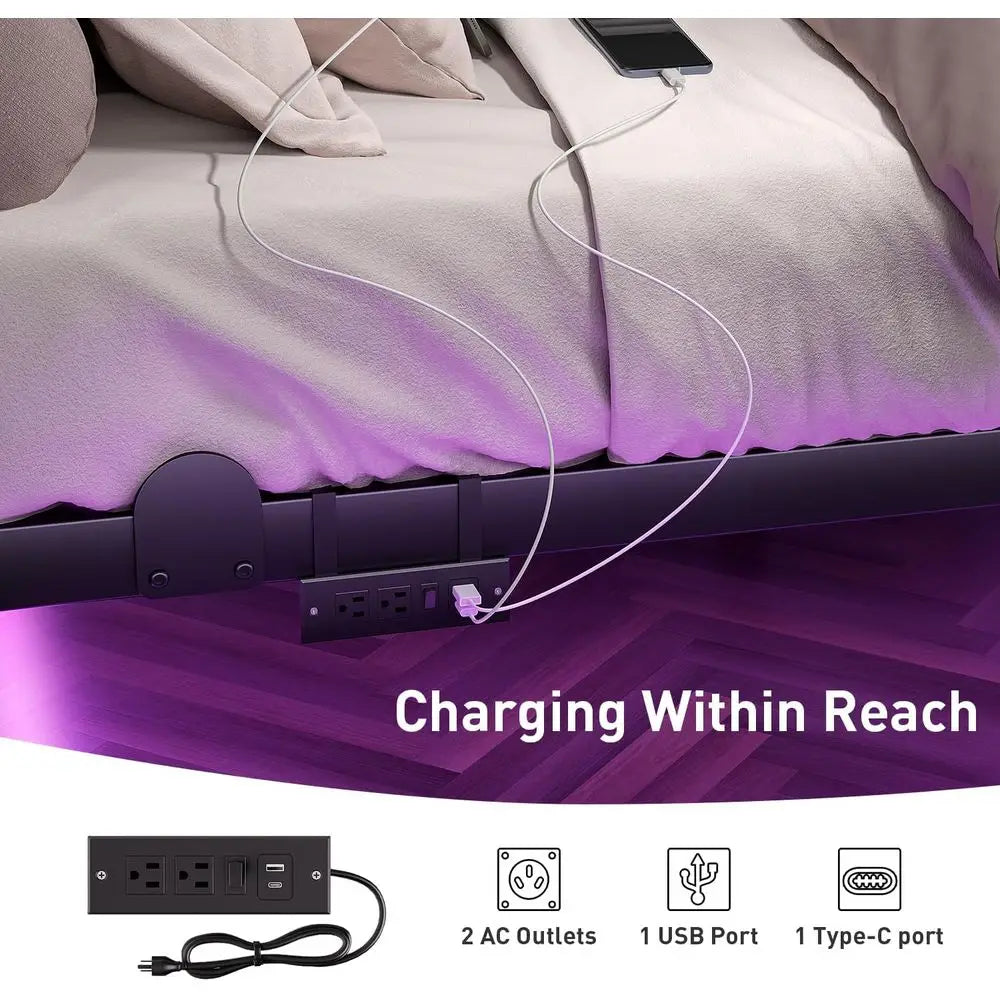 King Size 10 Inch LED Floating Bed Frame with Charging Station, Easy Assembly, No Box Spring Needed