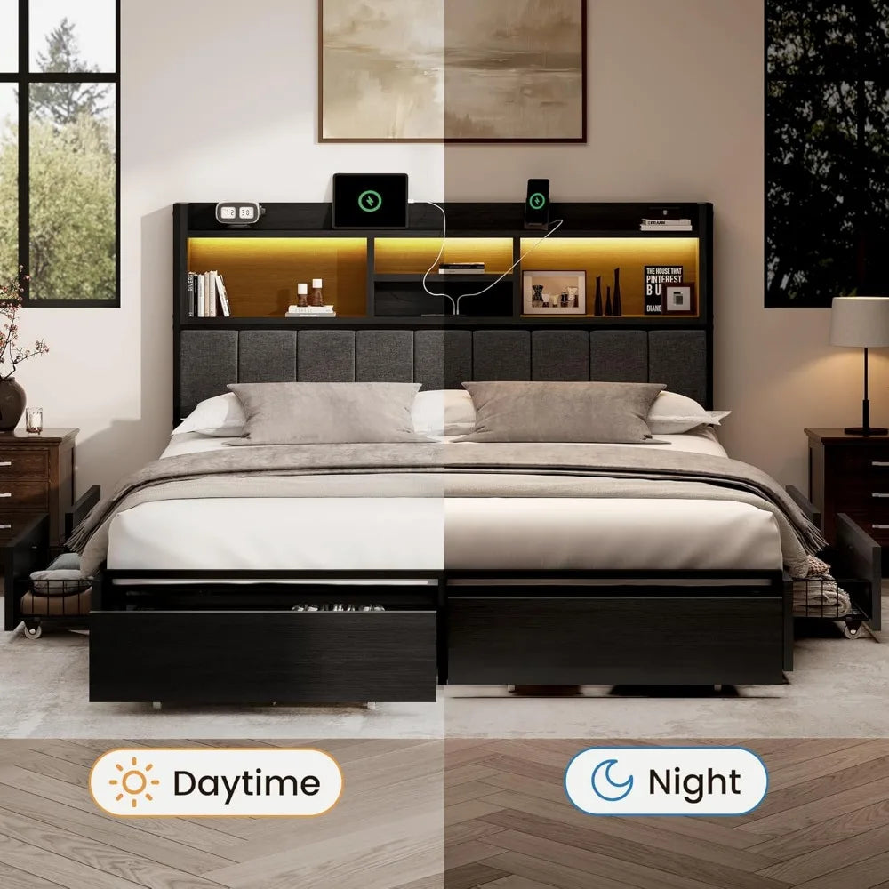 Queen Bed Frame with 6 Storage Drawers, Linen Upholstered Headboard, Built-in USB Charging Station & LED Lighting, Silent Metal