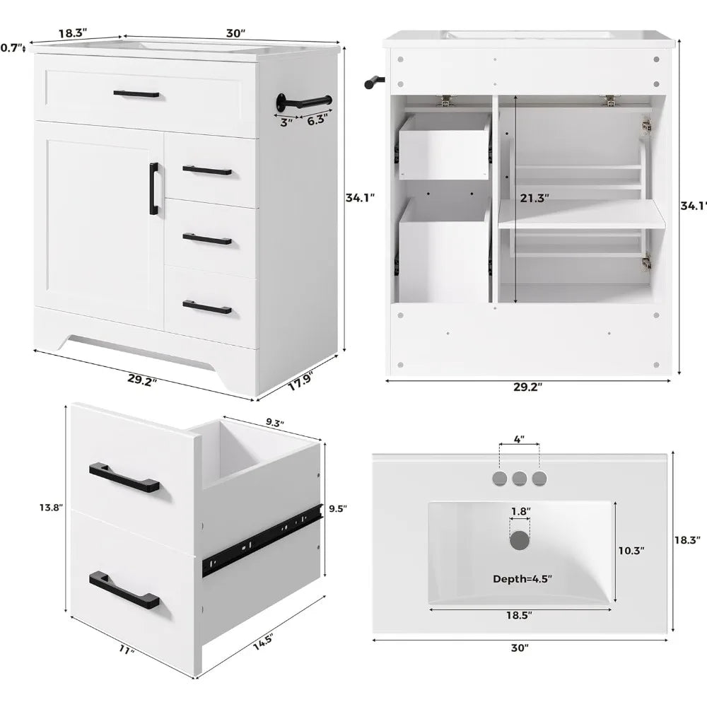 30" Bathroom cabinet with Sink, Cabinet with 2 Drawers, 1 Tip-Out Drawer and 1 Soft-Close Door, Assembly Required