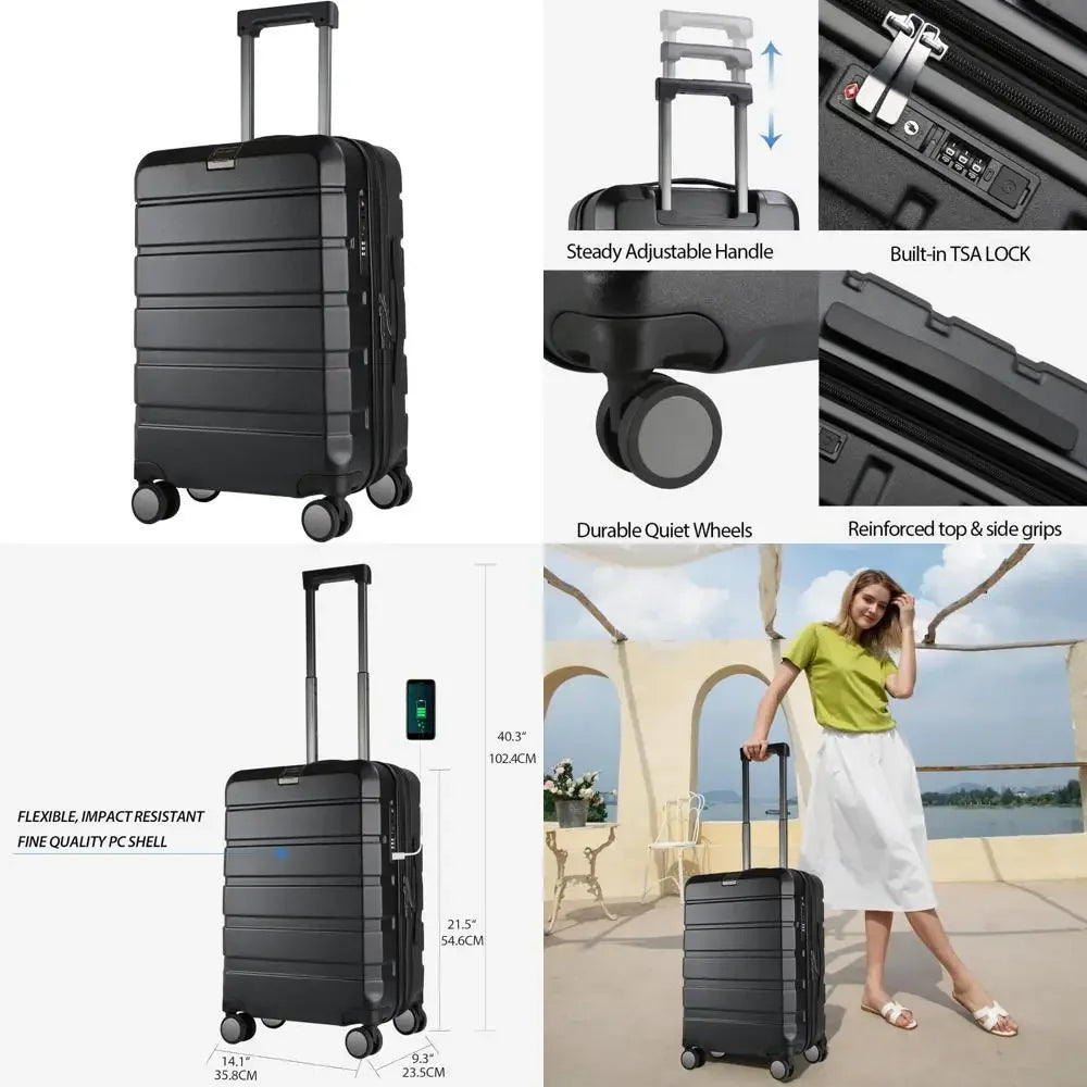Expandable Hardside Carry-On Luggage with Spinner Wheels, Built-in TSA Lock, Durable Rolling Suitcase, USB Port for Travel