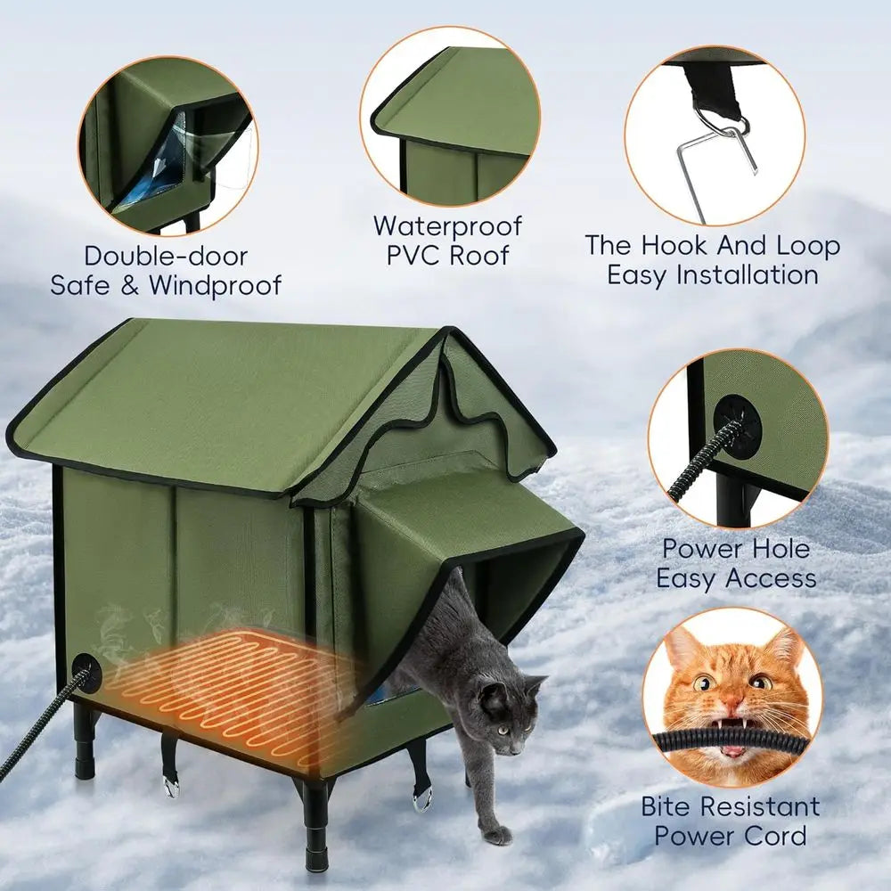 Insulated Outdoor Cat House with Heated Pad, Waterproof Shelter for Indoor/Outdoor Cats, Green Elevated Feral Cat Bed, 21x19.4x1