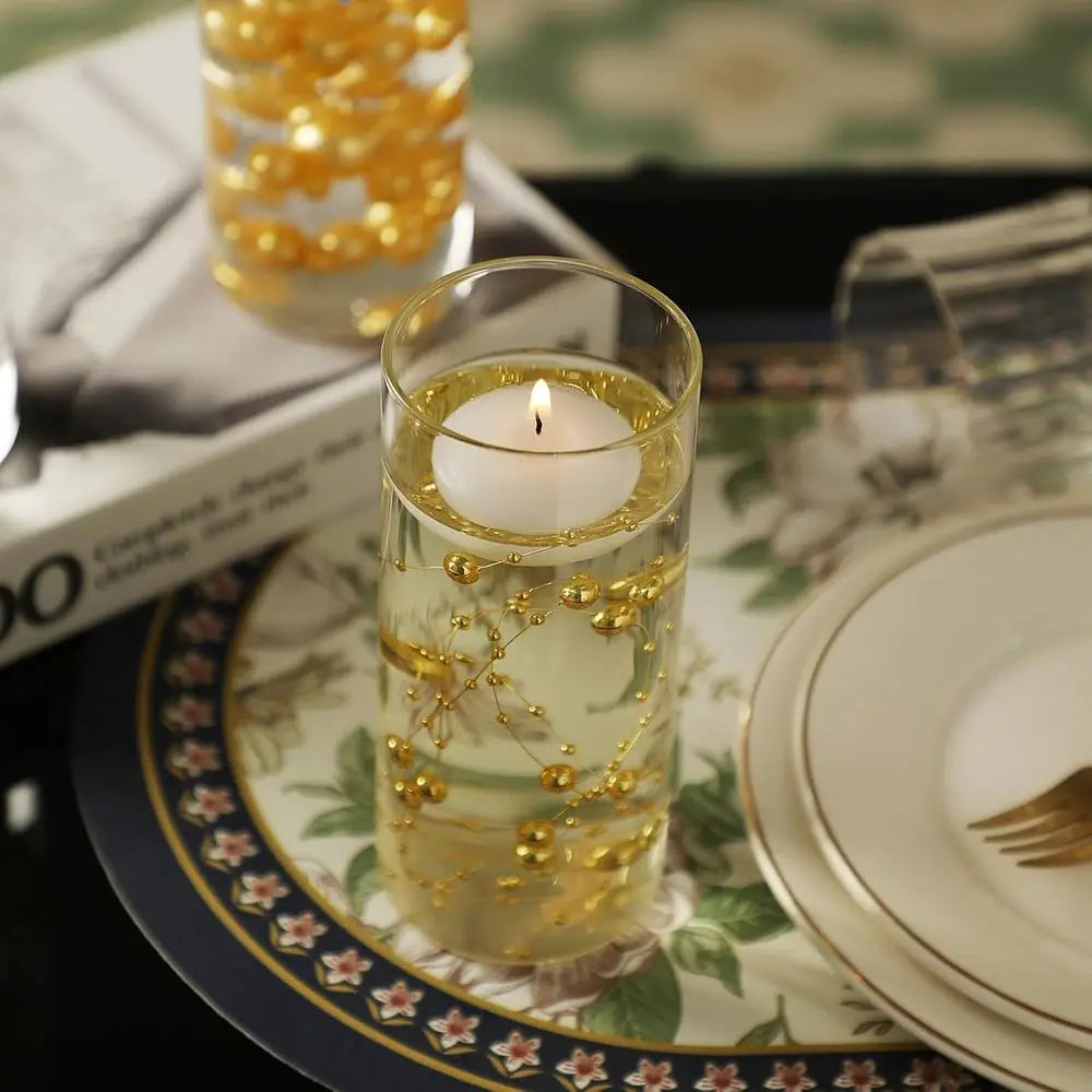 12 Glass Cylinder Vases with Pearl Strings & White Floating Candles for Wedding Party Centerpieces, Home Decor, 5-8 Inch