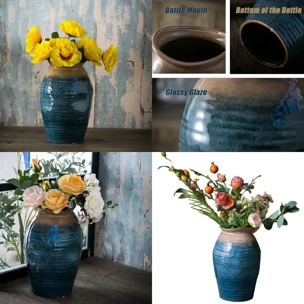 Large Terracotta Glazed Ceramic Vase for Modern Farmhouse Decor, Rustic Clay Vase as Living Room Centerpiece
