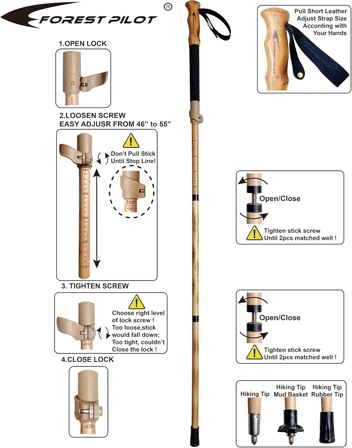 Trekking Poles - Adjustable Hiking Stick - Beech Wood Grip - Quick Adjust Flip-Lock - Leather Strap