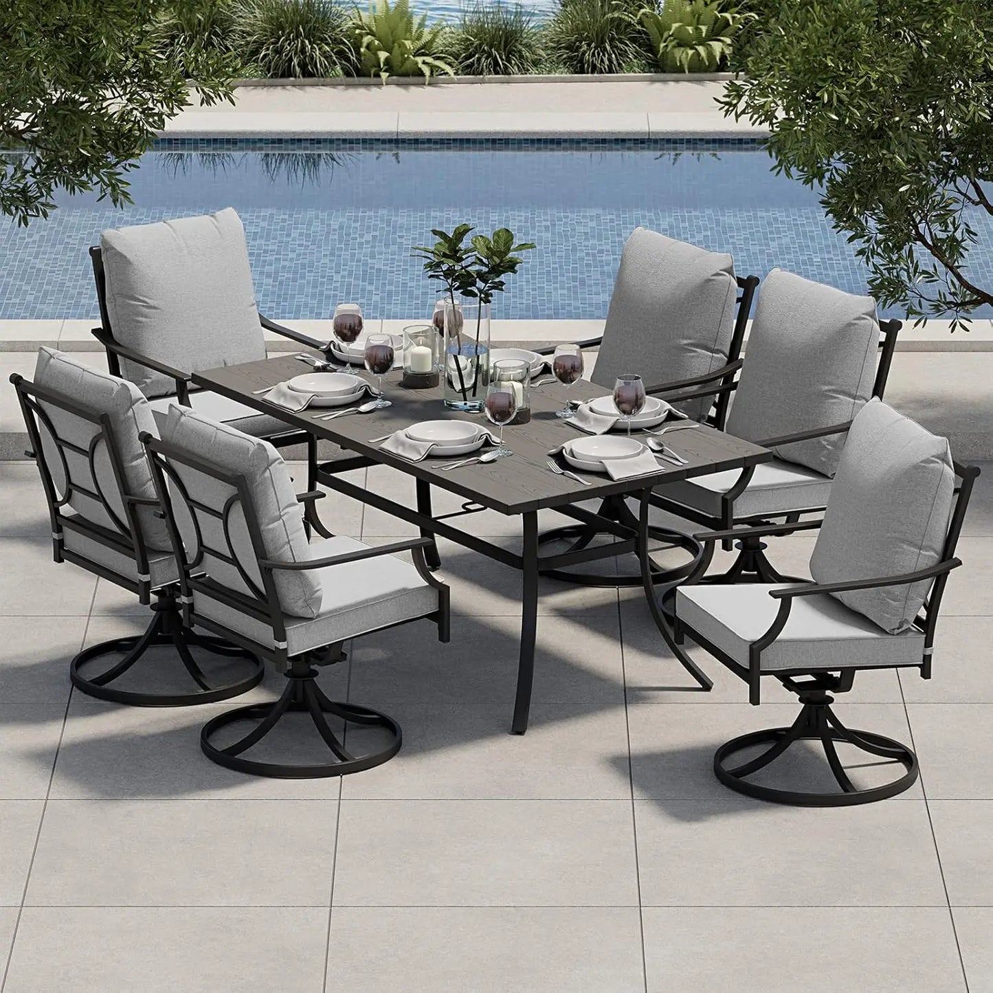 7-Piece Patio Dining Set for 6, Outdoor Swivel Chairs with Olefin Cushions &  Black Rectangular Faux Woodgrain Dining Table