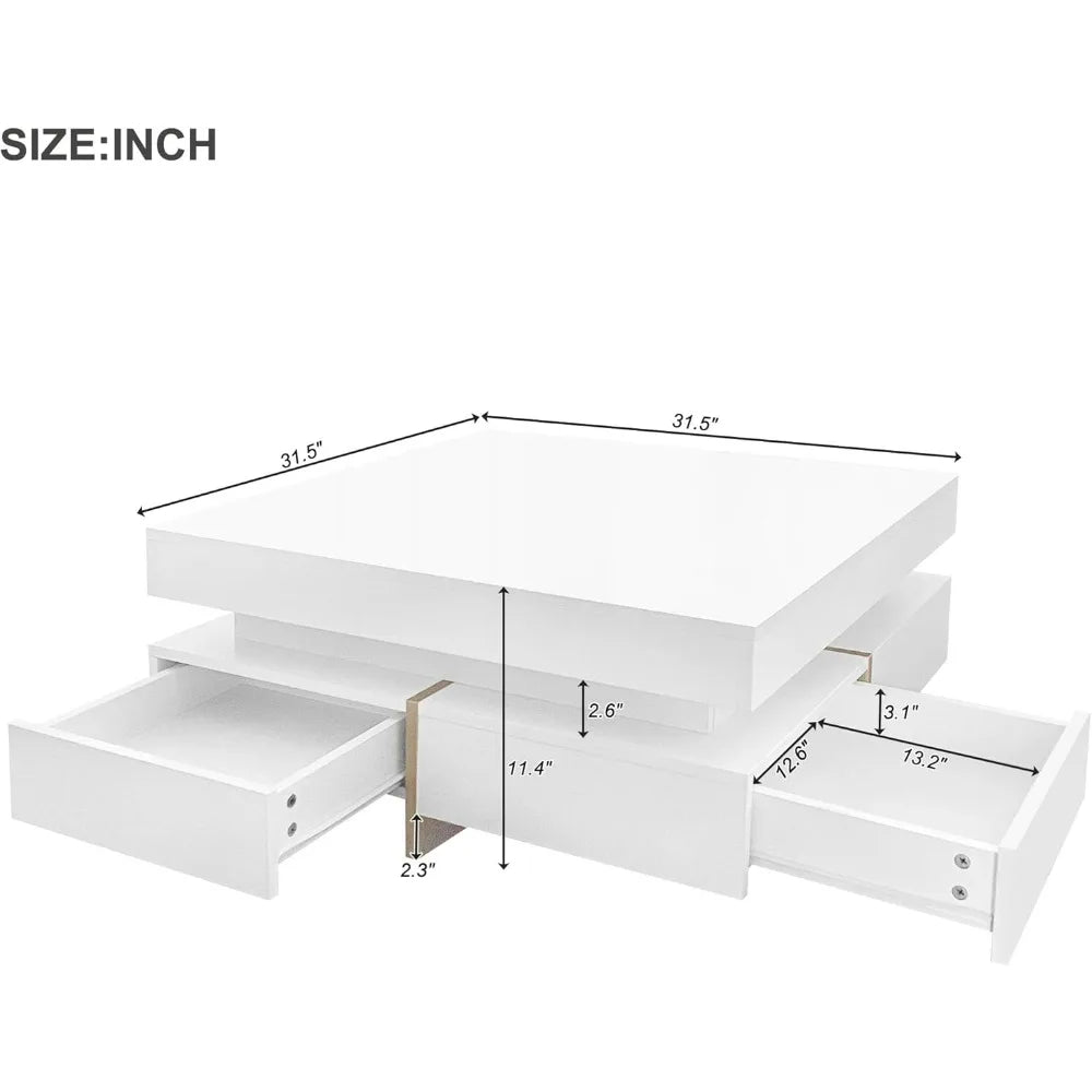 Coffee Table, Modern High Gloss Coffee Table with 4 Drawers, Multi-Storage Square Center Cocktail Table with Wood Grain Legs fo