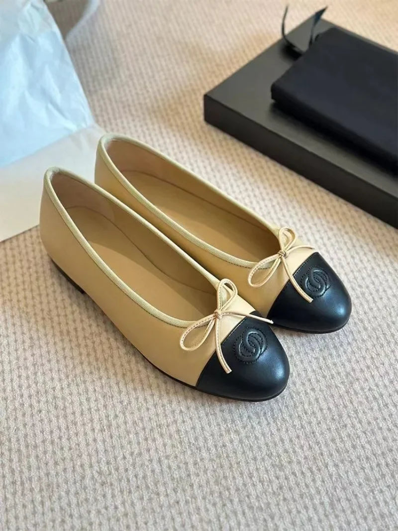 Bowtie Knot Flats Ballet Dance Shoes for Women's Sheepskin Round Toe Shallow Mouth Comfortable Driving Shoe SC2