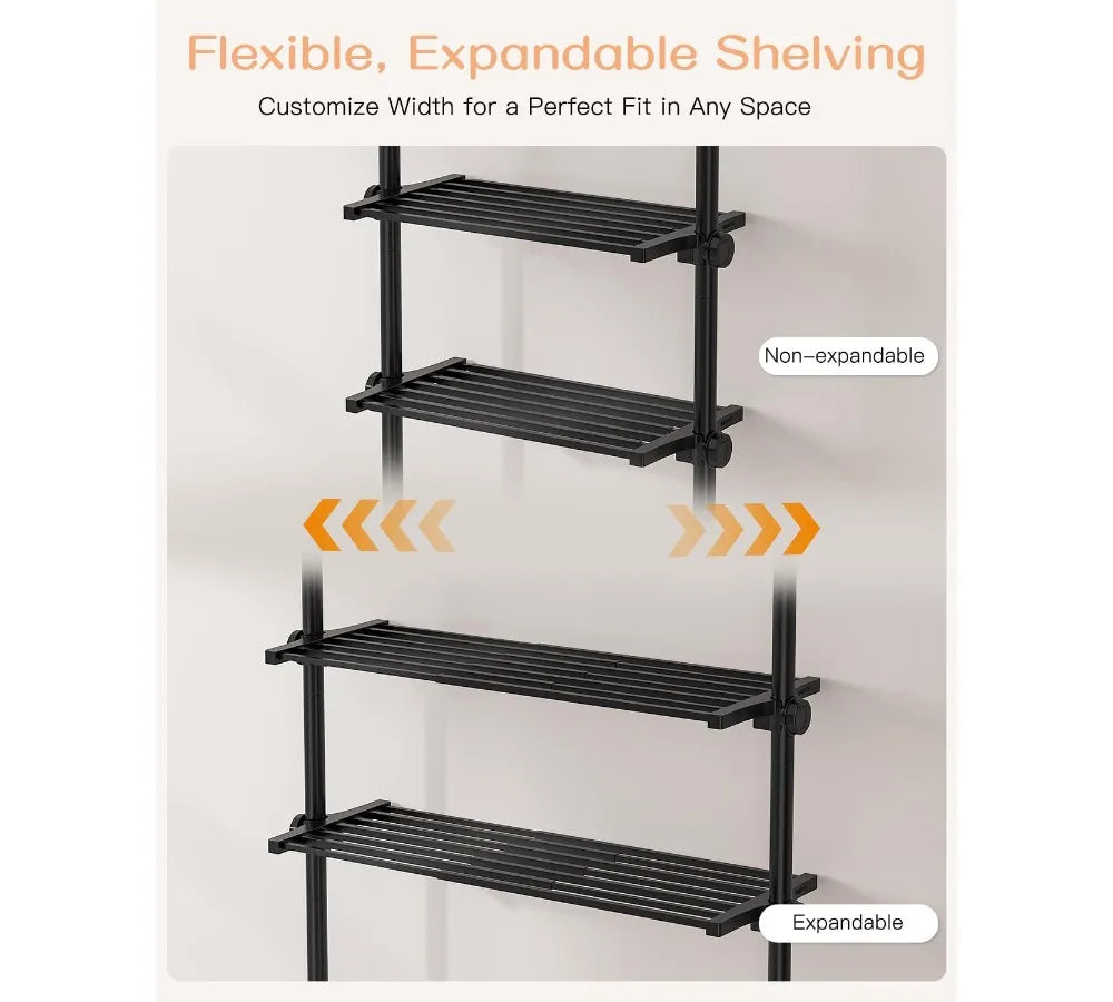 Adjustable Over Toilet Storage Shelf, 4-Tier Bathroom Organizer with Tension Mount, Fits 64-113 Inch Heights, Black