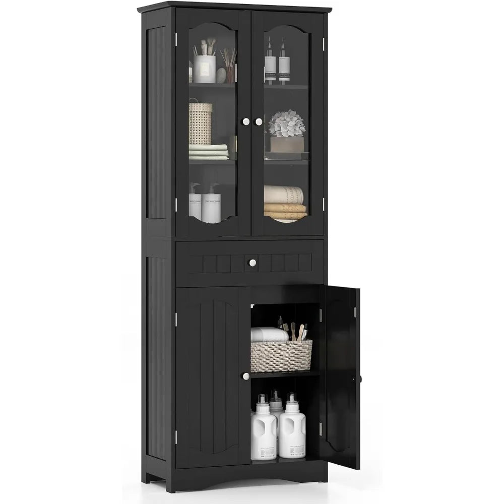 63" Tall Bathroom Storage Cabinet, Freestanding Floor Cabinet with Glass Doors and Shelves, Kitchen Pantry for Living Room, Din