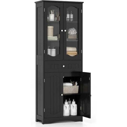 63" Tall Bathroom Storage Cabinet, Freestanding Floor Cabinet with Glass Doors and Shelves, Kitchen Pantry for Living Room, Din