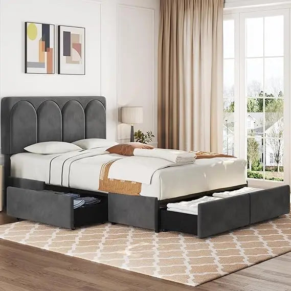 Yaheetech Queen Bed Frame Upholstered Platform Bed with 4 Drawers Storage and Adjustable Headboard,Arch Channel Tufted Headboard