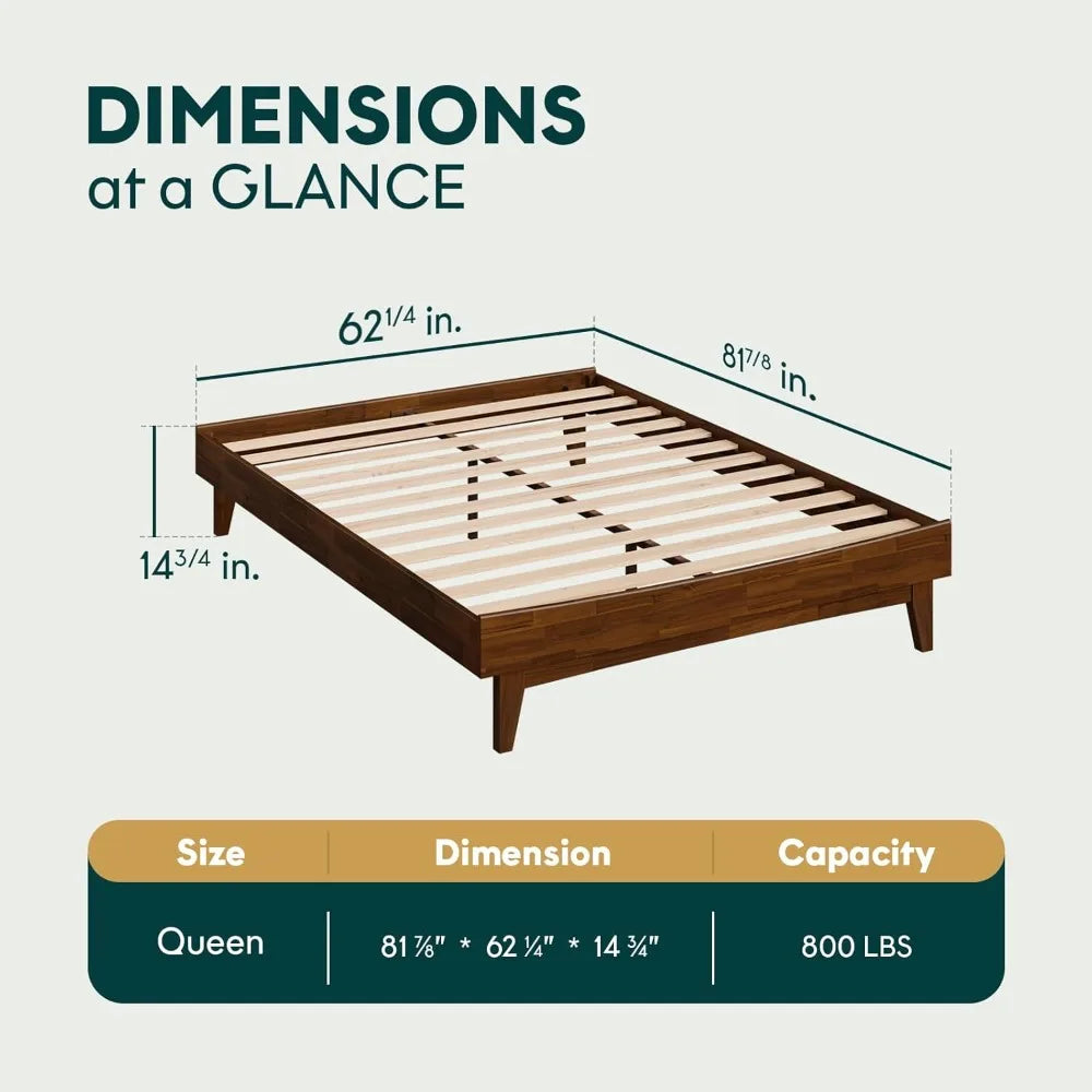 Acacia Wood Modern Low Profile Bed Frame, Queen Size, Without Headboard