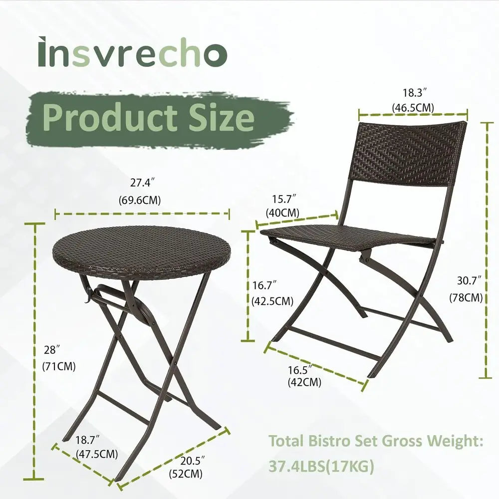 Folding 3-Piece Bistro Set with PE Wicker, Outdoor Patio Furniture, Round Table & Chairs for Garden, Balcony, Porch