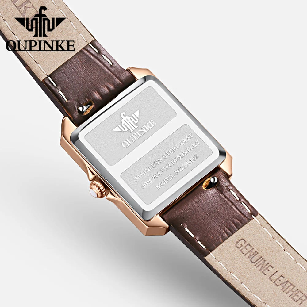 OUPINKE 3182 Simple Womens Watches Elegant Rectangular Dial Quartz Watch Leather strap Date Waterproof Original Lady Wristwatch