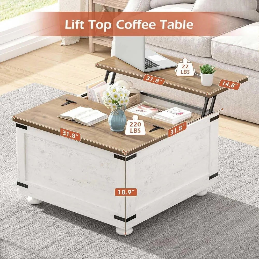 White Farmhouse Coffee Table with Storage, Square Lift Top Coffee Table with Hydraulic and Wood Gourd Feet for Living Room, Whit