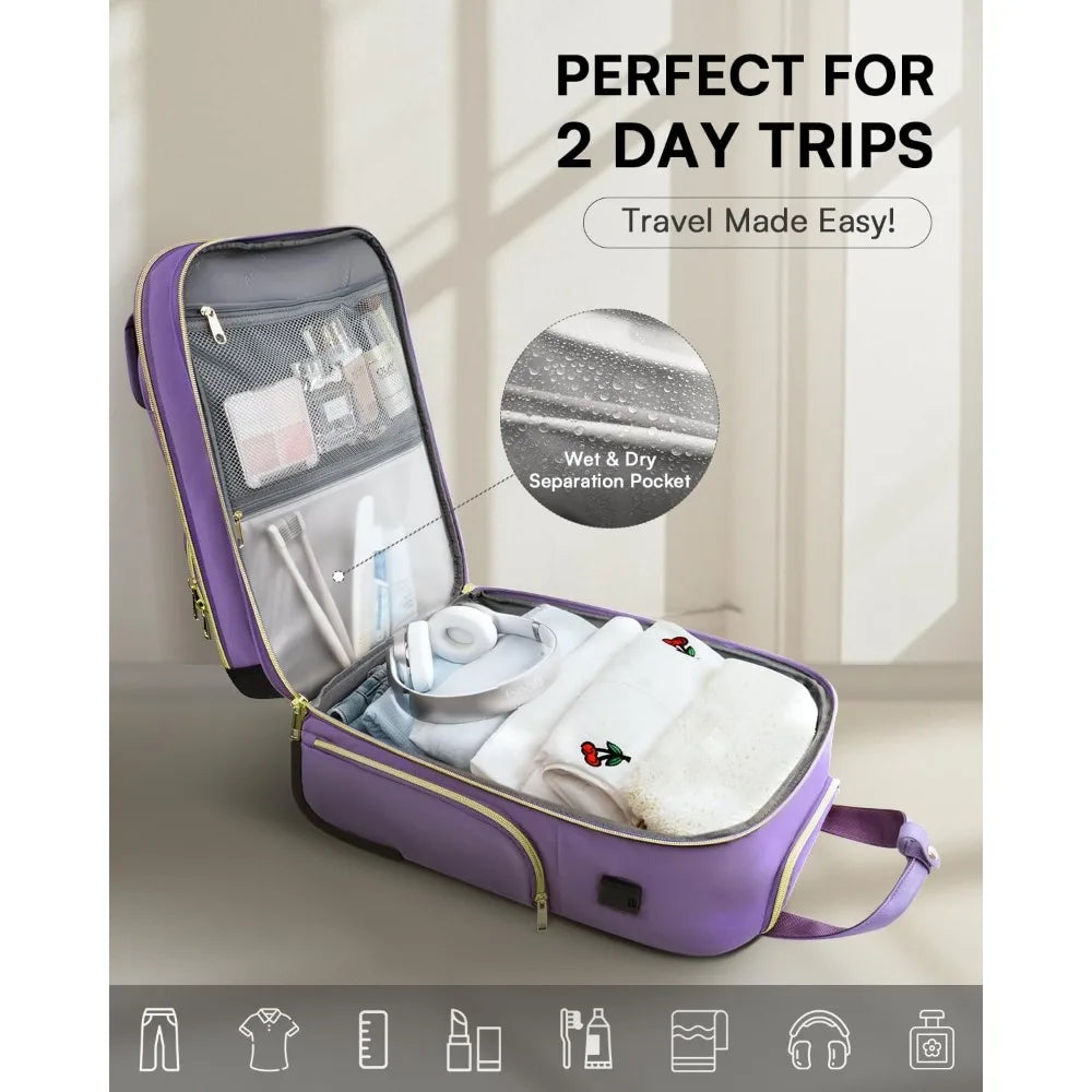 Multi-Functional 17-Inch Lightweight Rolling Underseat Carry-On Luggage with Wheels, Airline Approved Personal Item Bag for Trav