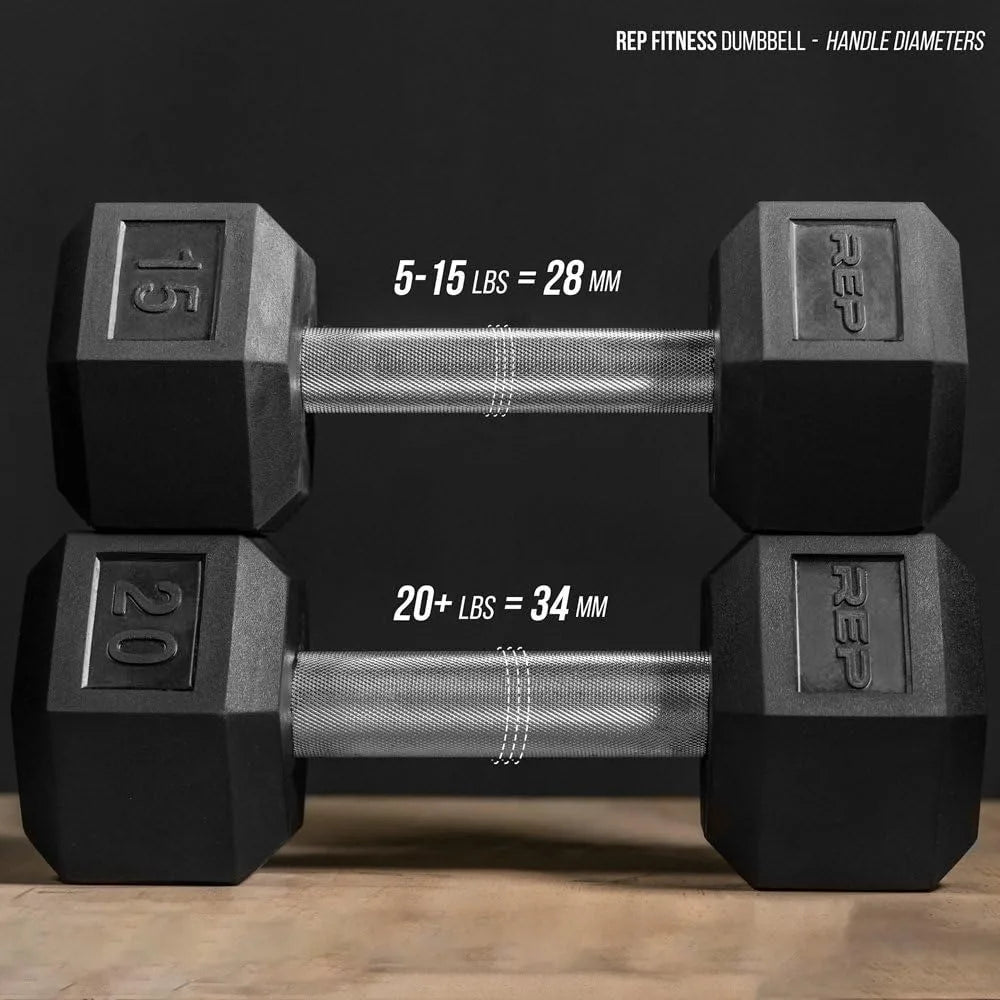 Rep Fitness Rubber Hex Dumbbell Sets - Single Weights Over 55lbs and Pairs from 5lbs to 50lbs - Low Odor, Fully Knurled Grips