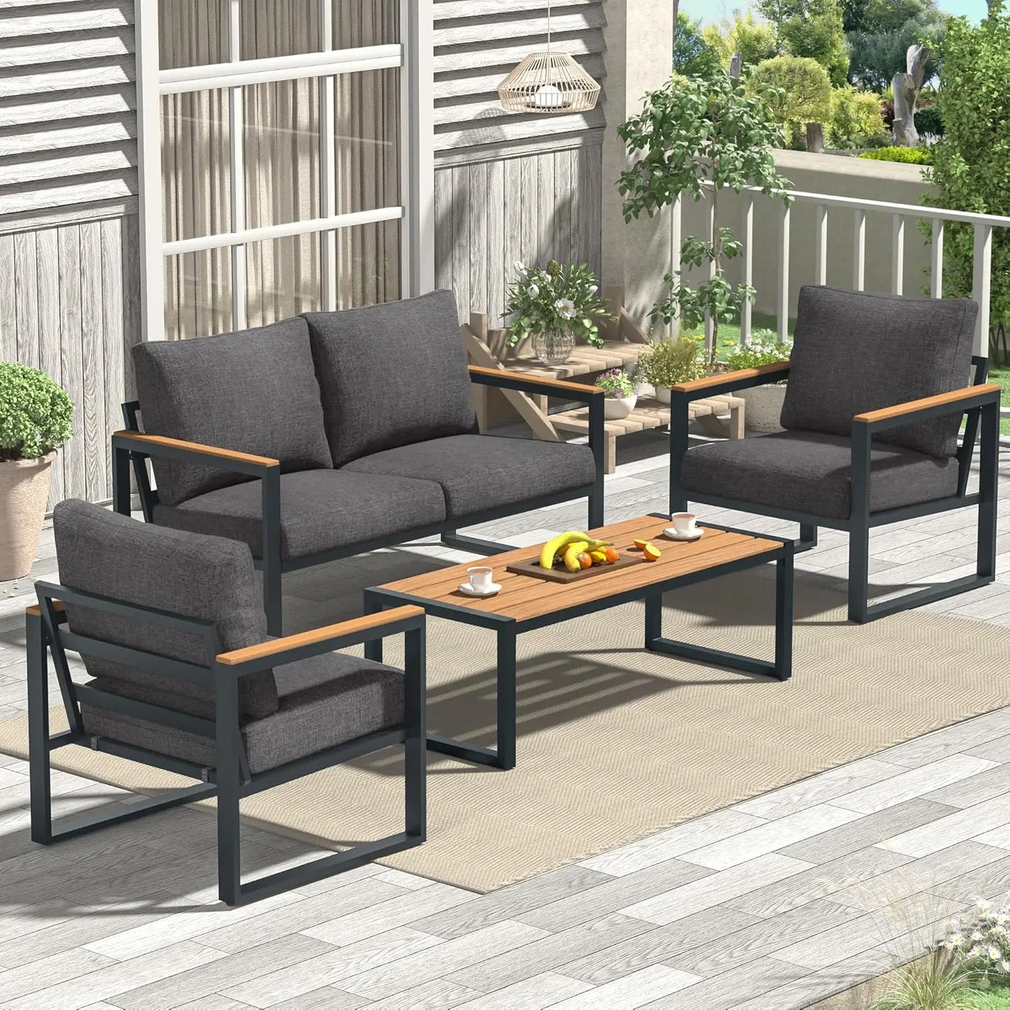 Patio Furniture Set, 4 Pieces Outdoor Patio Furniture with Coffee Table Set,Metal Patio Conversation Sets with Washable and High