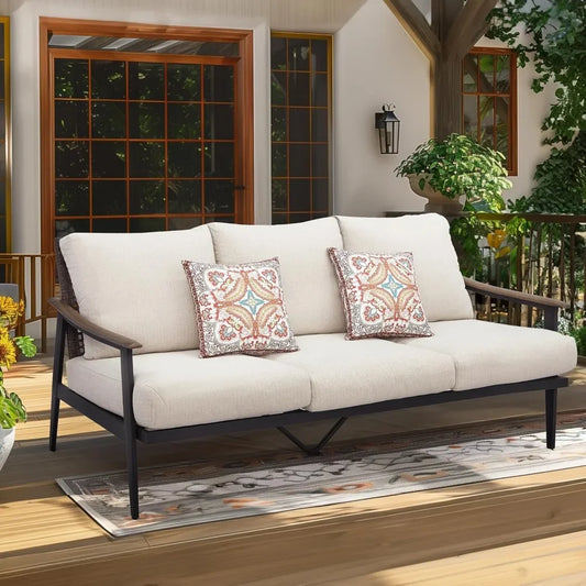 Outdoor Patio Sofa Furniture Metal Chair with Wicker Backrest And 6-Inch Cushion Indoor Front Porch Deck Decorative Garden Bench