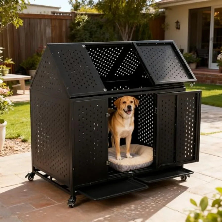 44 Inch Heavy Duty Indestructible Dog Crate Steel Escape Proof Chew Proof Cage Indoor Double Door Kennel for High Anxiety Large