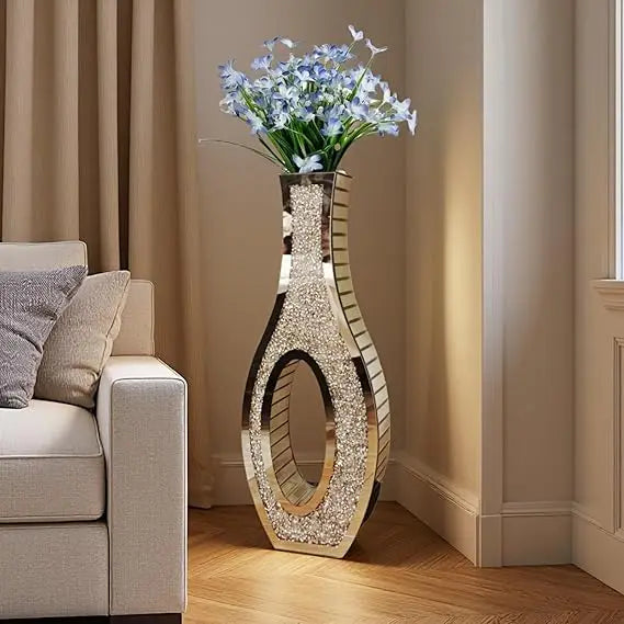 Pair of 30-Foot Tall Crushed Diamond Effect Floor Vases - Large Silver Mirrored Crystal Vases for Living Room Decor