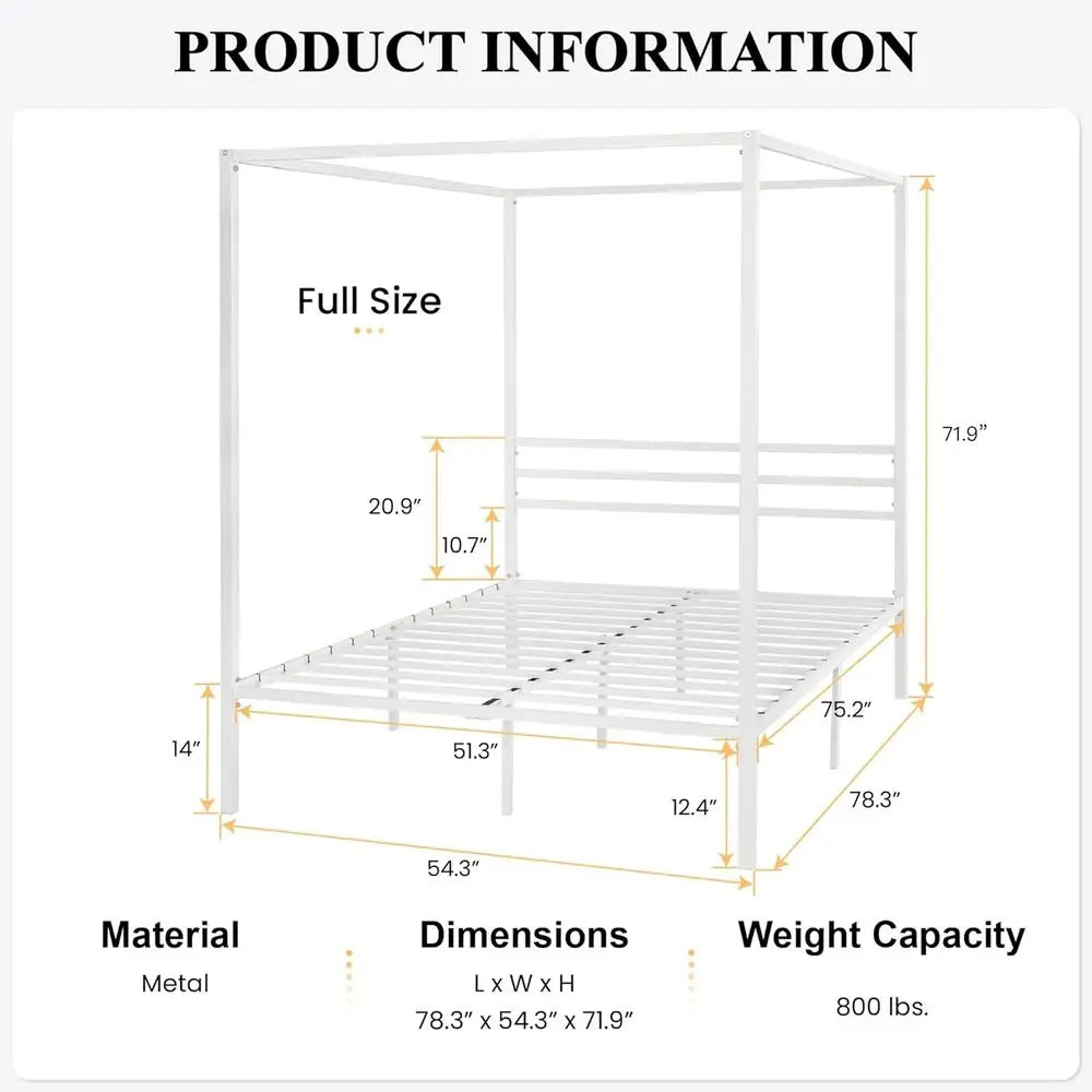 Full Size White Metal Slat Canopy Bed Frame with Mattress Support, No Box Spring Needed, Easy Assembly