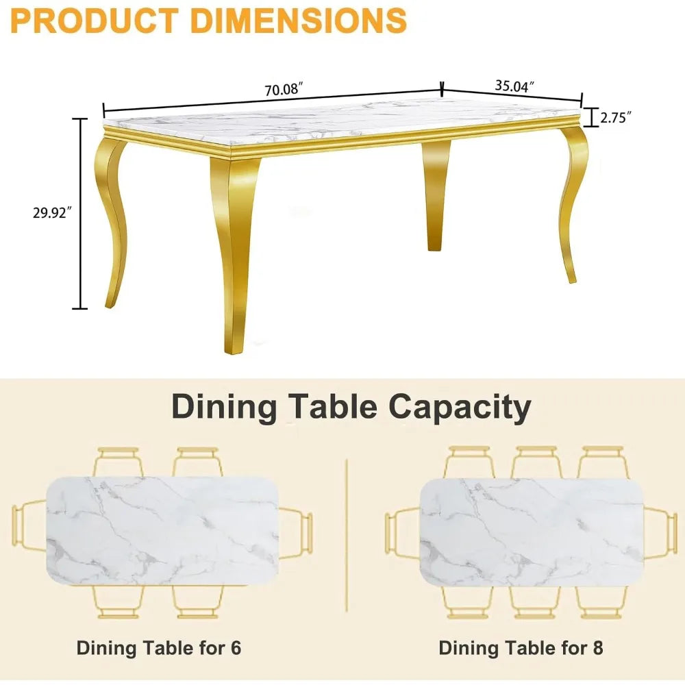 Marble Dining Table for 4 6, 70 Inch White Gold Kitchen Table with Faux Marble Top & Cabriole Stainless Steel Legs, Modern Recta