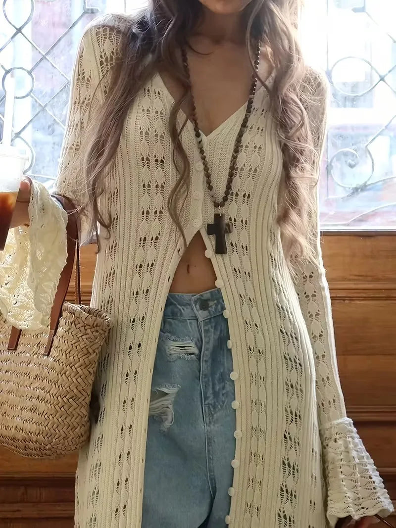 Women's Elegant Long Sleeve Cardigan - V-Neck Collar Button Front Closure, Solid Beige Layered Sweater for Spring/Fall, Casual t