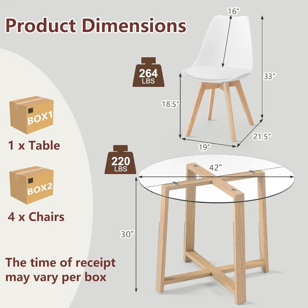 42 Round Glass Dining Table Set for 4-6, 0.3” Modern Tempered Glass Tabletop with 4 Padded Chairs, ModernTable and Chai