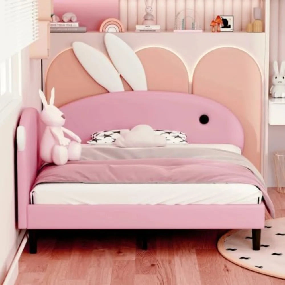 Upholstered Rabbit Ear Headboard Kids Daybed, Full Size Bed Frame for Girls in Pink